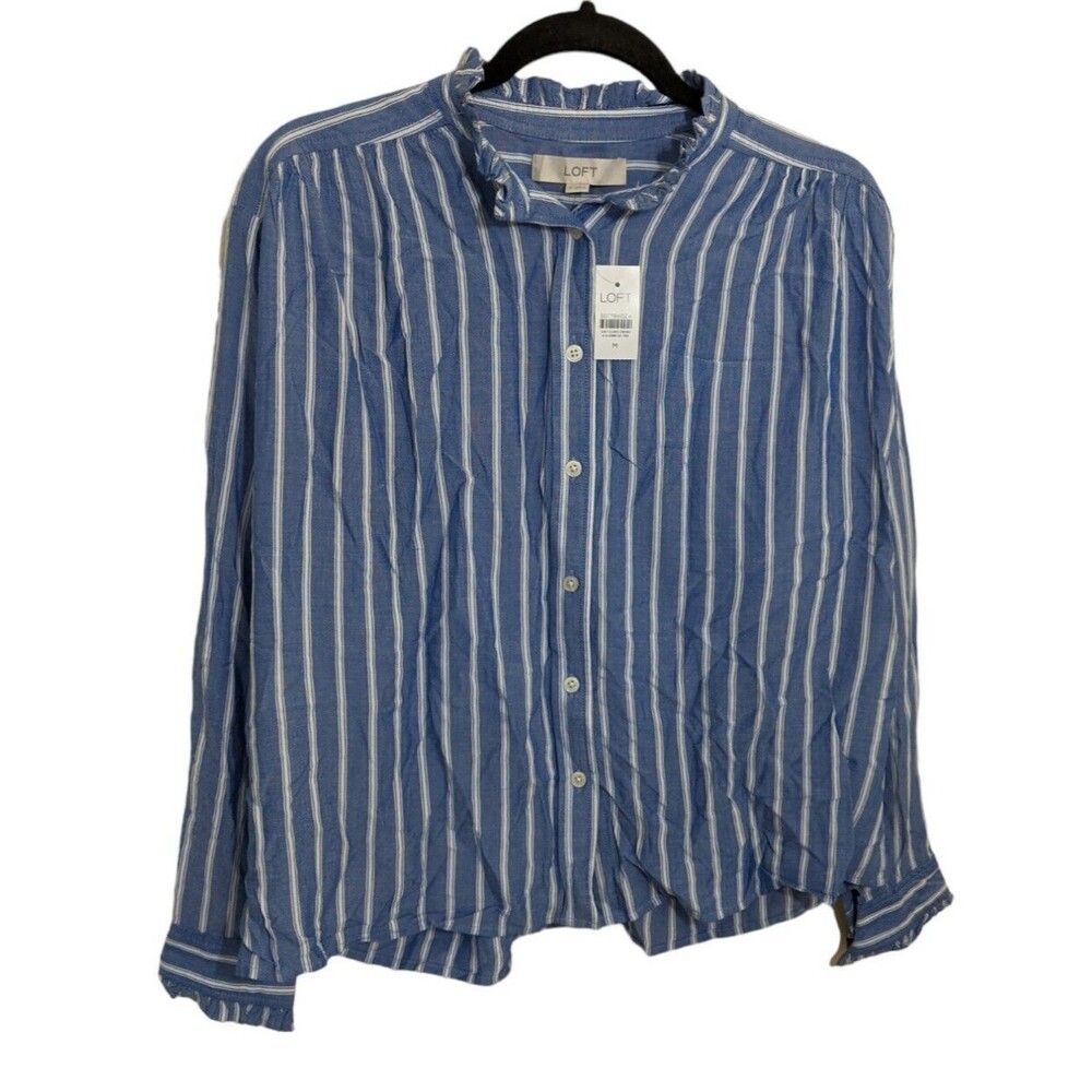 LOFT Women's Button Down Top Blue Striped Ruffle Peasant Medium